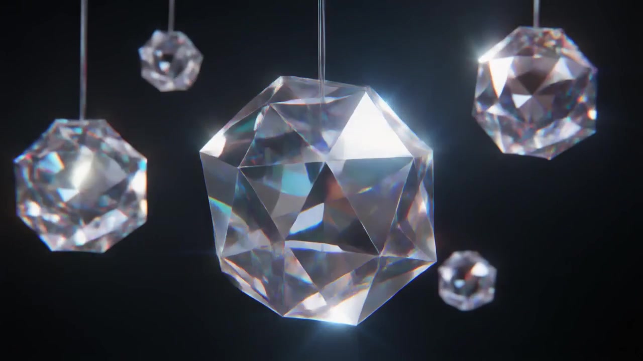 Prismi di cristallo geometrici rotanti appesi su sfondo scuro