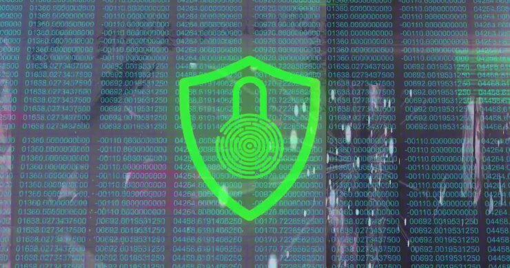 Digital Security Shield Icon with Data Streams and Fingerprint