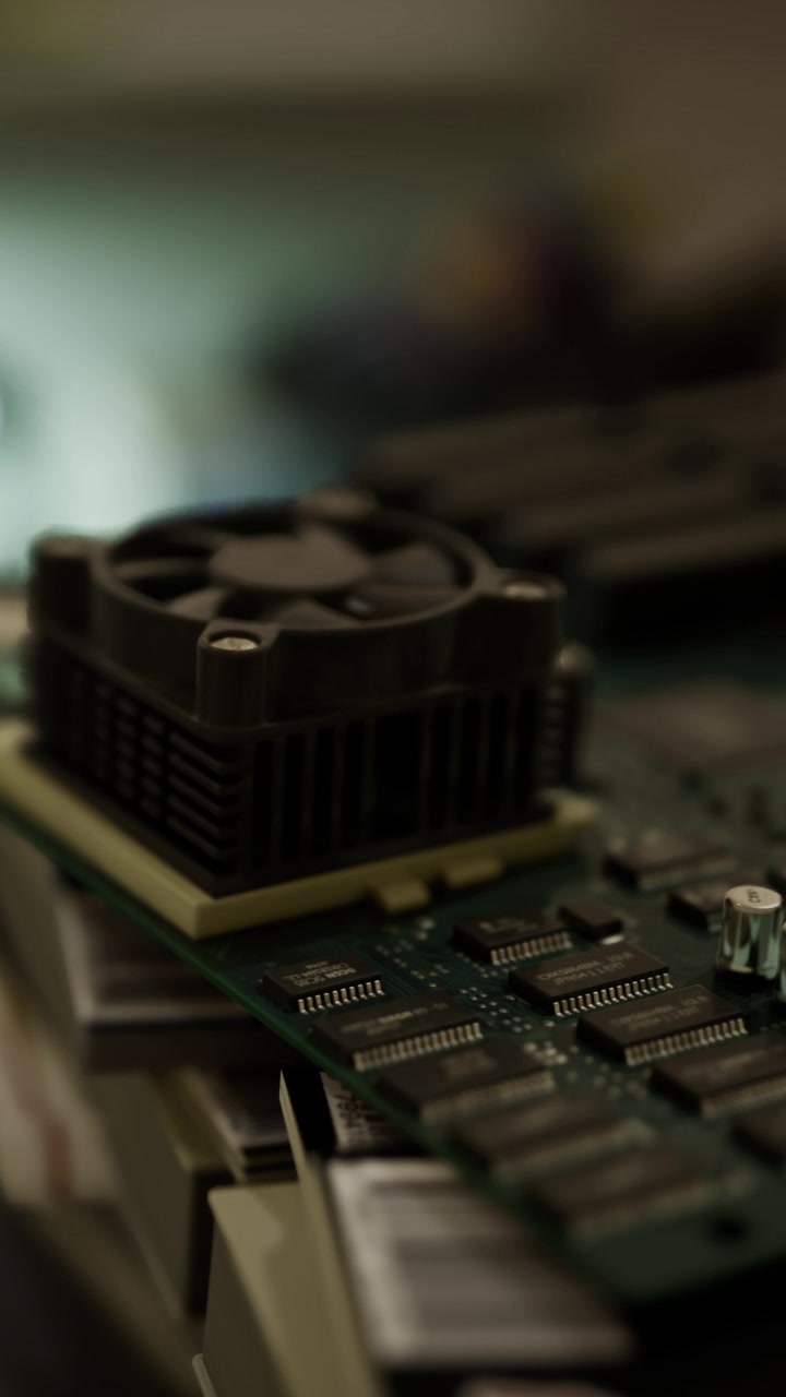 Close up of computer hardware with fan and circuit board on table