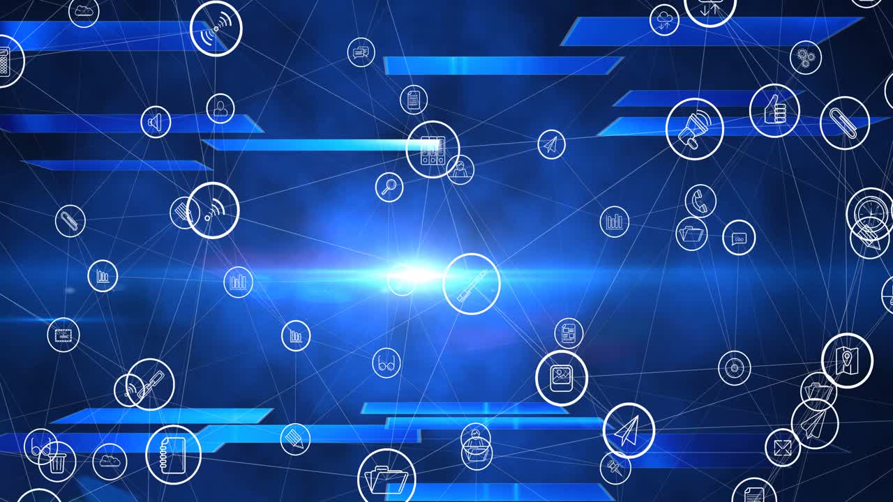 animación de la red de conexiones con iconos digitales sobre fondo azul