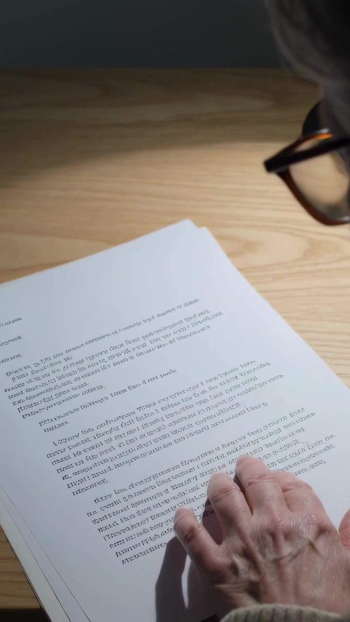 Vertical video: Placing hand senior with glasses tracing pages for editing at desk lamp, copy space