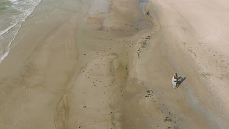 vista aérea con una joven de cabello largo montando una bicicleta en la playa de arena, día soleado, playa de arena blanca, concepto de estilo de vida activo, amplio ascendente birdseye drone disparado avanzando