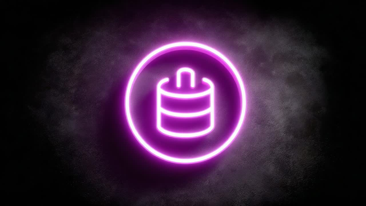 Vibrant Neon Cake Icon Illuminating a Dark Background, Perfect for Celebratory Occasions, Baking Content, or Dessert Themes