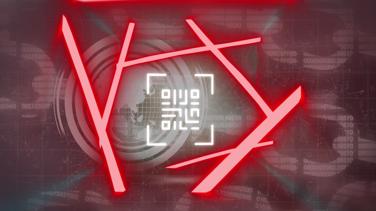 animación del código qr sobre formas de neón y procesamiento de datos