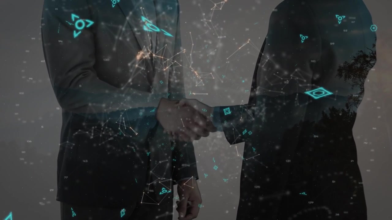 Professionisti che si stringono la mano con sovrapposizione di rete digitale.