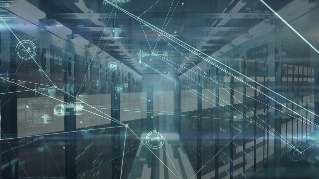 Animation of network of connections and data processing over server room