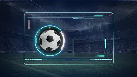 animation of scopes scanning and data processing with football over sports stadium