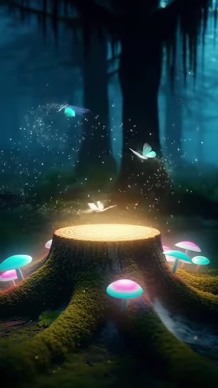 Ceppo di foresta magico con funghi luminosi e farfalle.