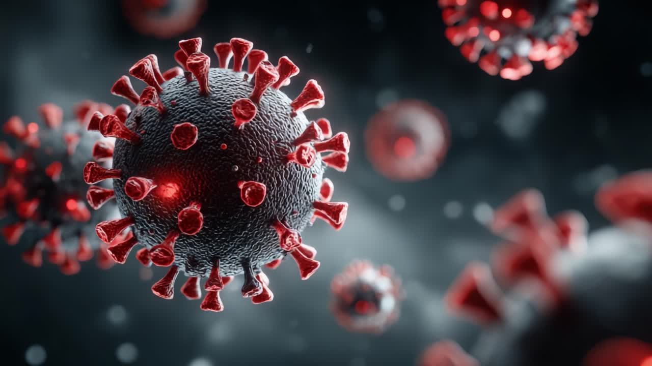 Visualizzazione dettagliata della struttura del virus: Esplorazione del design complesso delle particelle virali al microscopio con focus sulle proteine spike e l'interazione cellulare.