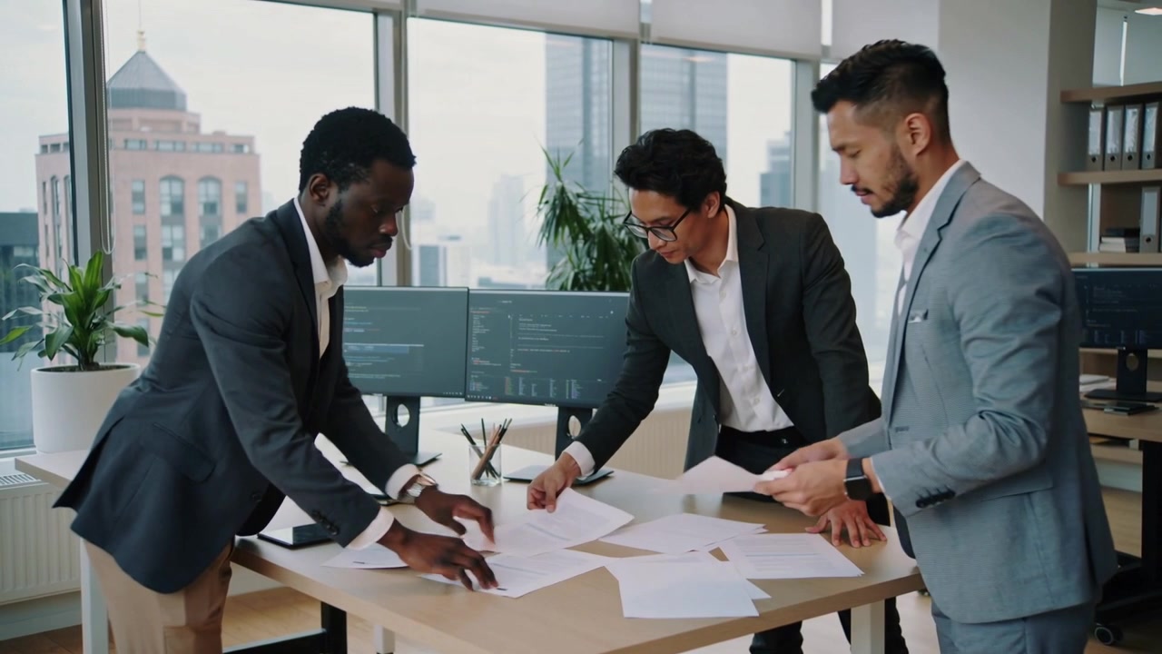 Pages imprimées, trois hommes en costume penchés sur une table, organisant des documents pour examen.