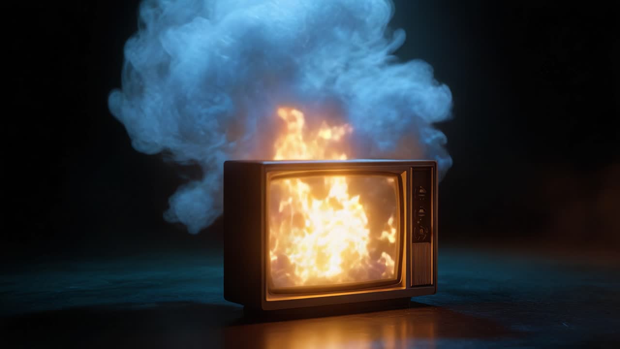 ビンテージテレビから立ち上る魅惑的な炎と煙。ノスタルジーと活気あるエネルギーの魅力的な対比を創り出す。