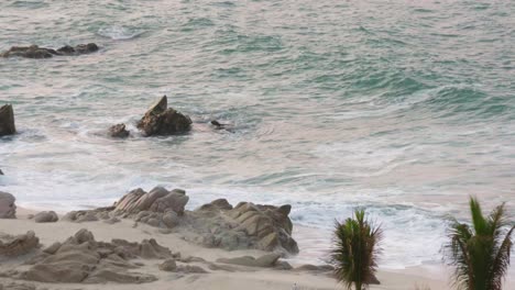 wide shot of a tropical beach with waves crashing on rocks and palm trees, focused on the natural coastal scenery with a sandy shoreline.