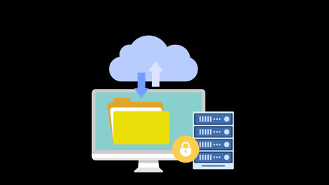 Computación-En-La-Nube-Carga-Datos-A-La-Seguridad-En-La-Nube,-Animación-En-Bucle-Del-Servidor-De-Teléfonos-Inteligentes-De-Computadoras-Portátiles-Con-Canal-Alfa.