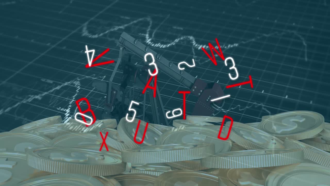 오일 프 위에 글자와 동전의 애니메이션