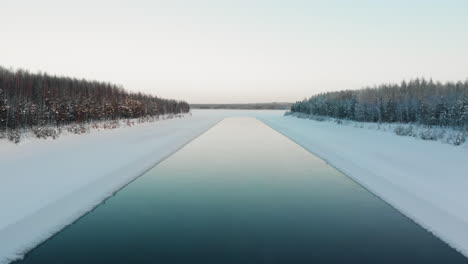 aerial, drone shot, rising over a iceless spot, on a river, on a sunny, winter day, in utra, joensuu, north karelia, finland