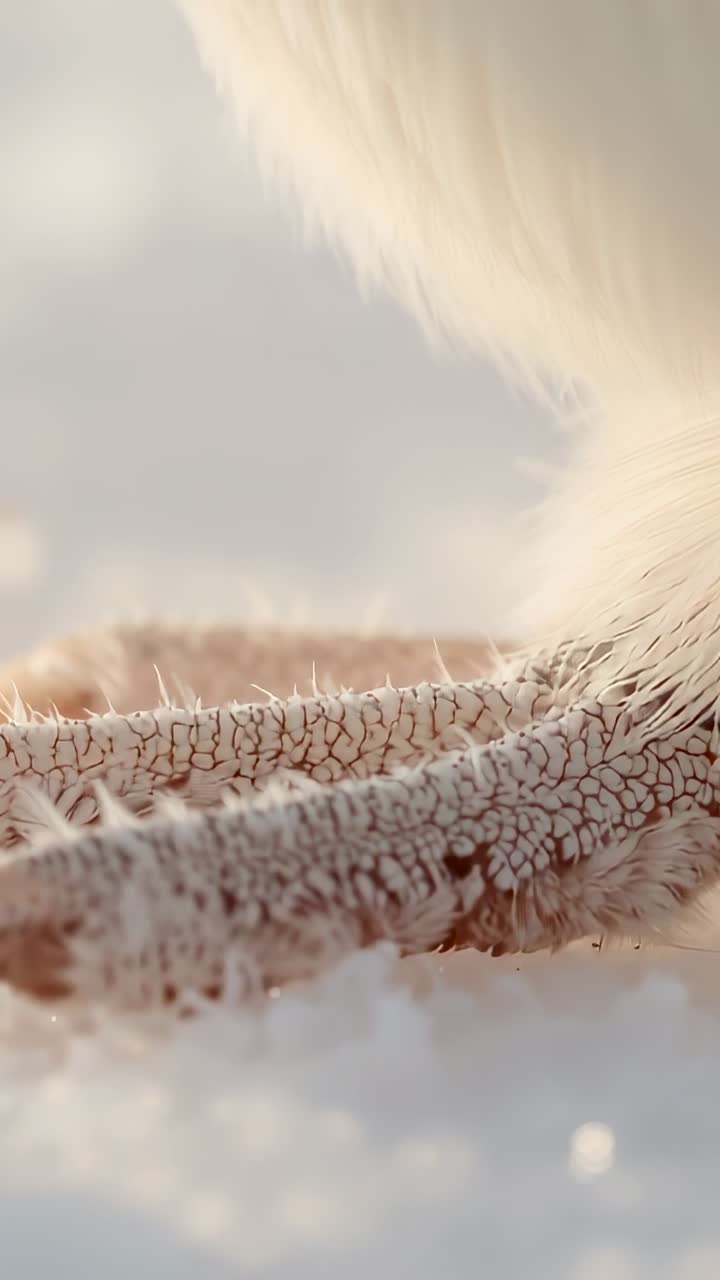 Vertical video: Shifting bird's scaly foot compressing compacted snow as breeze settling feathers