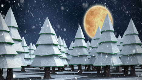 Animation-of-snow-falling-over-winter-night-landscape-with-fir-trees