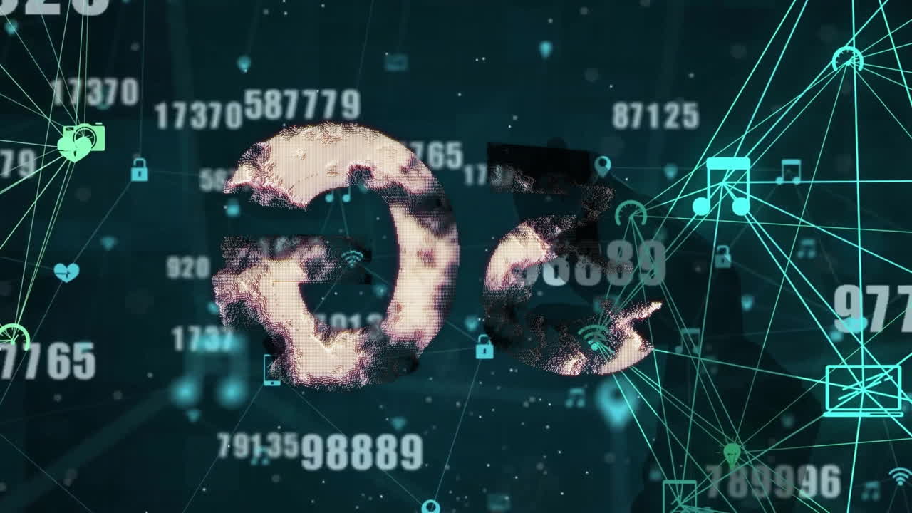 animación del procesamiento de datos con texto 5g a través de la red de conexiones