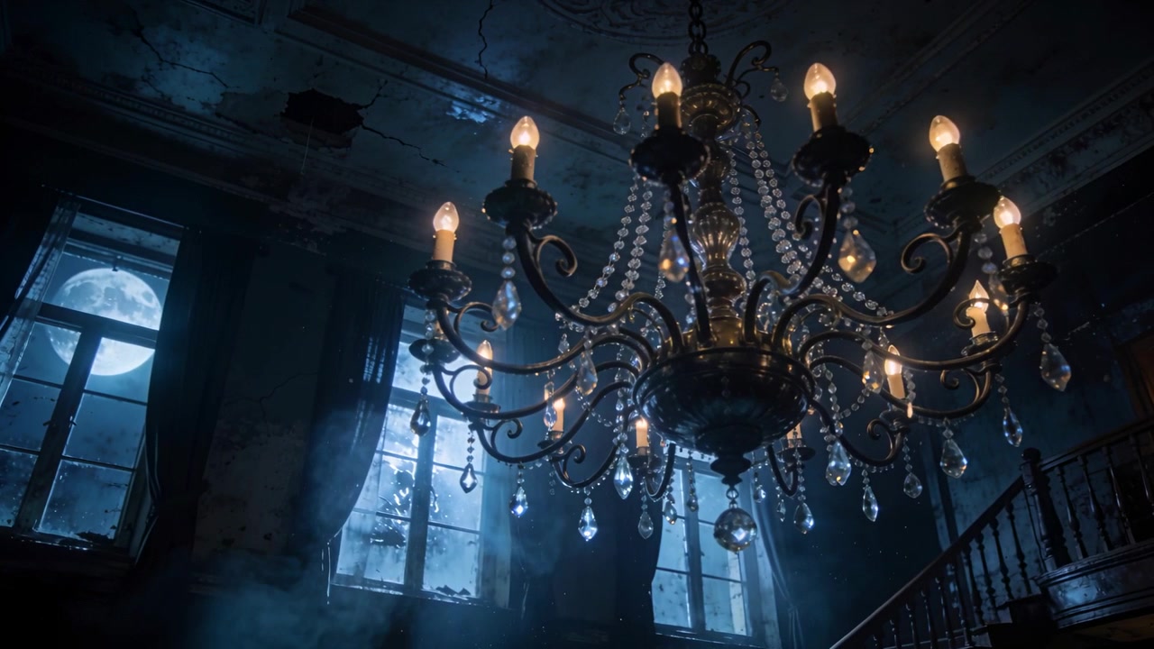 Telecamera che si avvicina, cristalli del lampadario che brillano in una sala illuminata dalla luna, rivelando nebbia e pareti danneggiate.