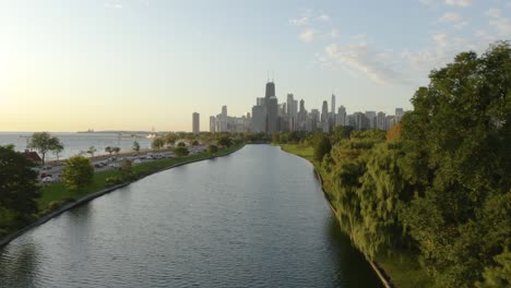 aerial footage of lincoln park during golden hour, chicago, illinois