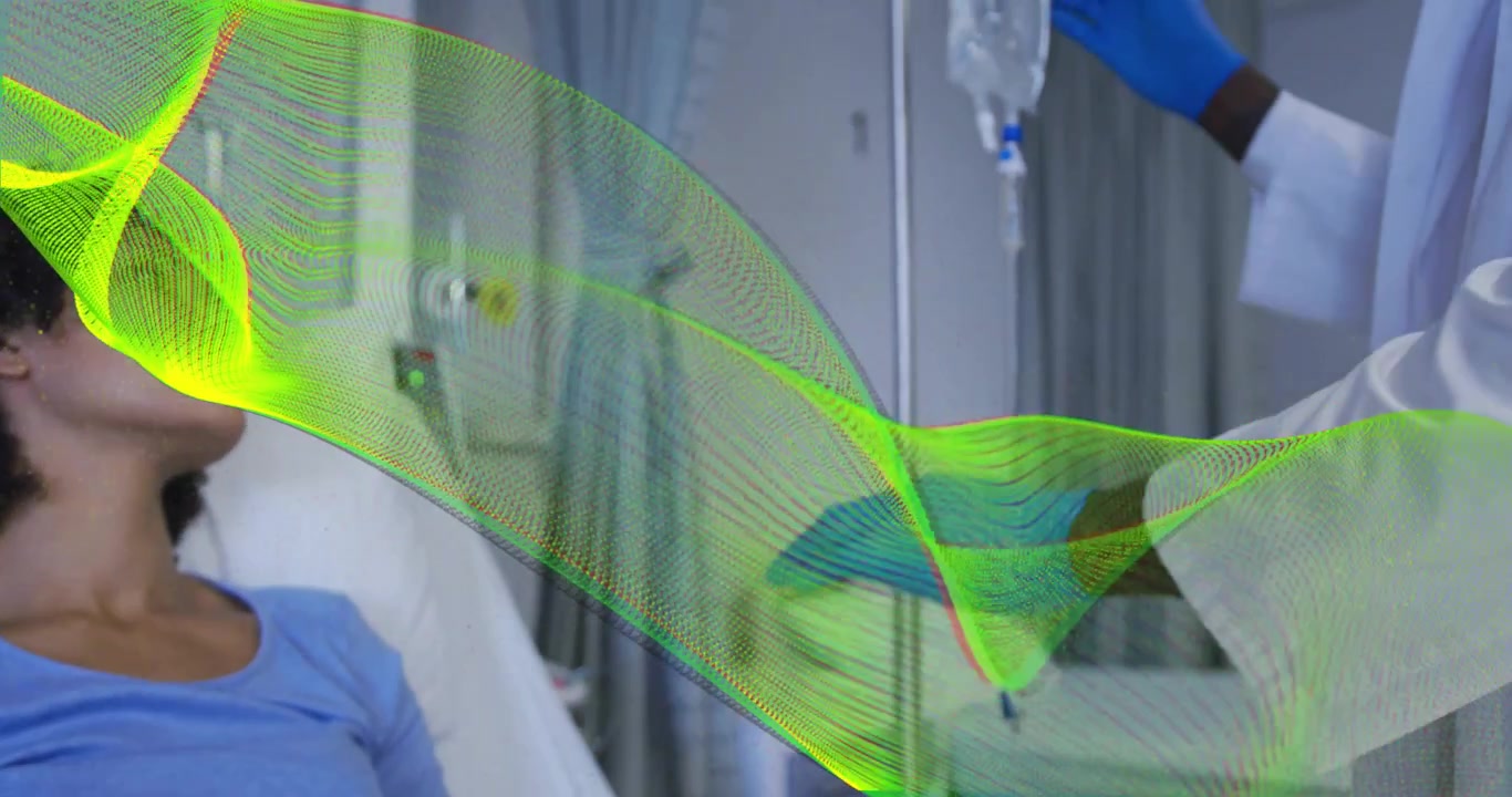 After admission doctor placing bracelet confirming ID adjusting infusion with animated rate overlay