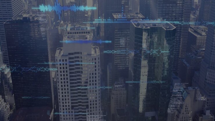 Animation of data processing over cityscape