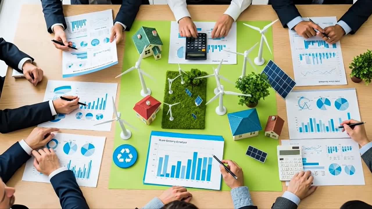 Business Team Planning a Renewable Energy Project with Models and Data Charts