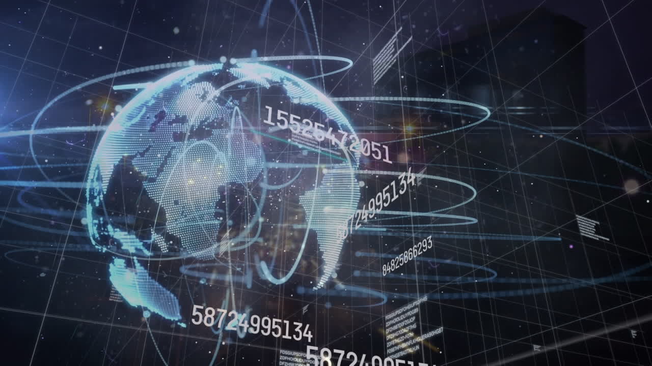 Animation of data processing and globe over cityscape