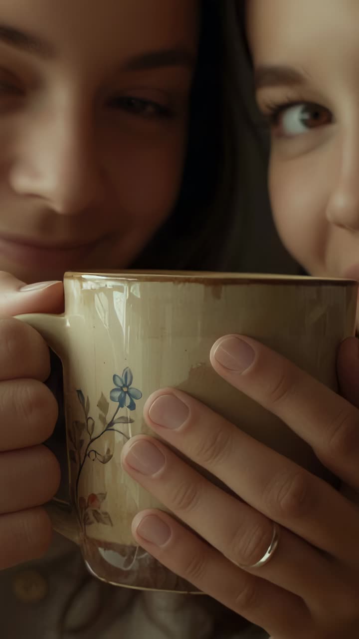 Video verticale: due donne che, in casa, rivolgono all'obiettivo una tazza decorata con motivi floreali, sporgendosi e scambiandosi uno sguardo