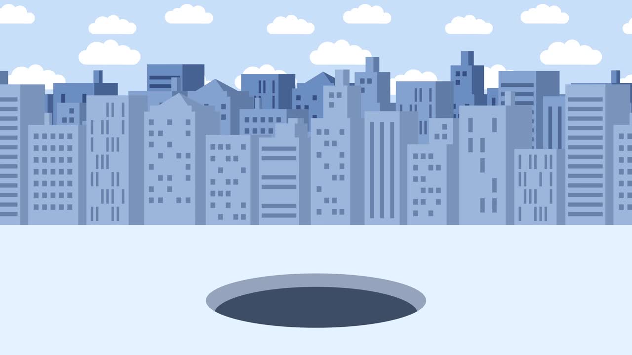 Donna d'affari che cade nel buco. Sfondo di edifici. Concetto di rischio. Illustrazione in loop in stile piatto.