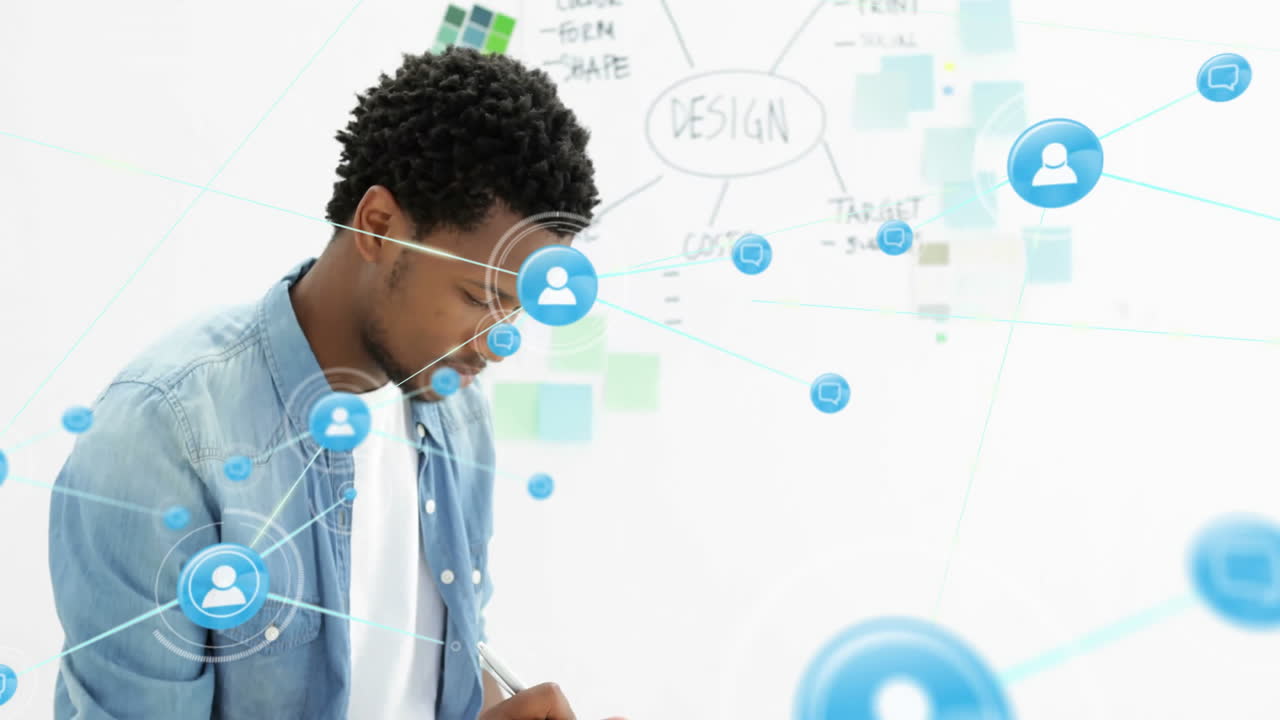 Animation of network of connections with people icons over african american businessman