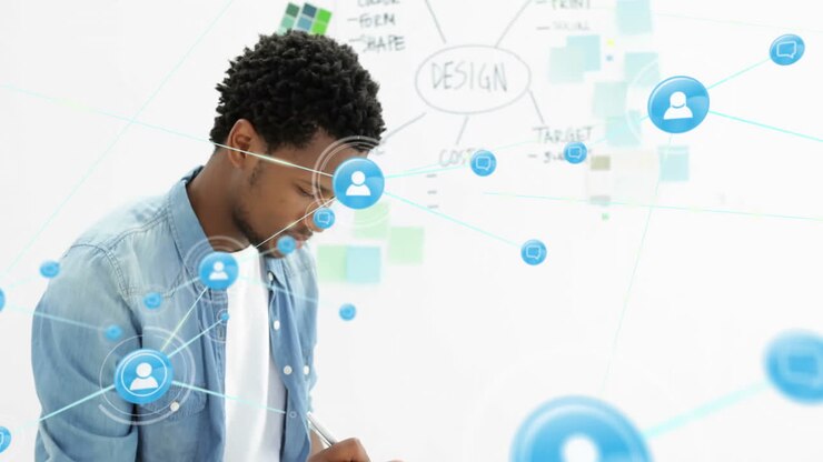 Animation of network of connections with people icons over african american businessman