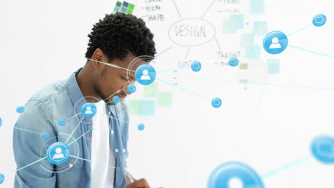 animation of network of connections with people icons over african american businessman
