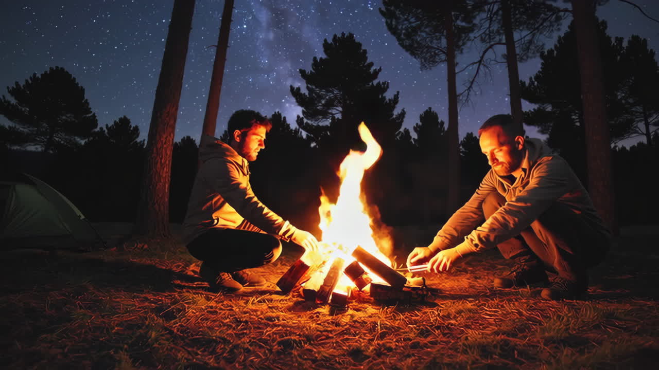 Two friends enjoying a campfire under the stars