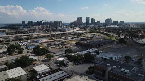 drone view moving into the cit of tampa bay, florida