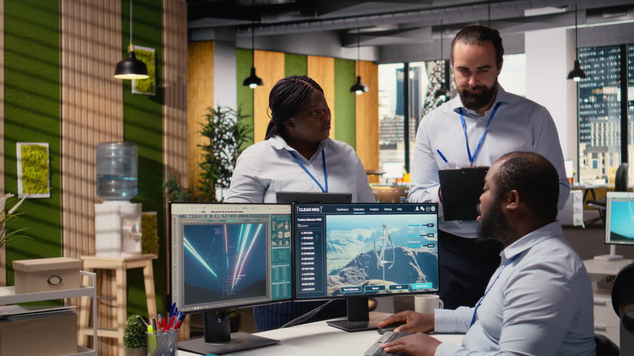 Engineering Team Brainstorming Futuristic Wind Turbine Concept