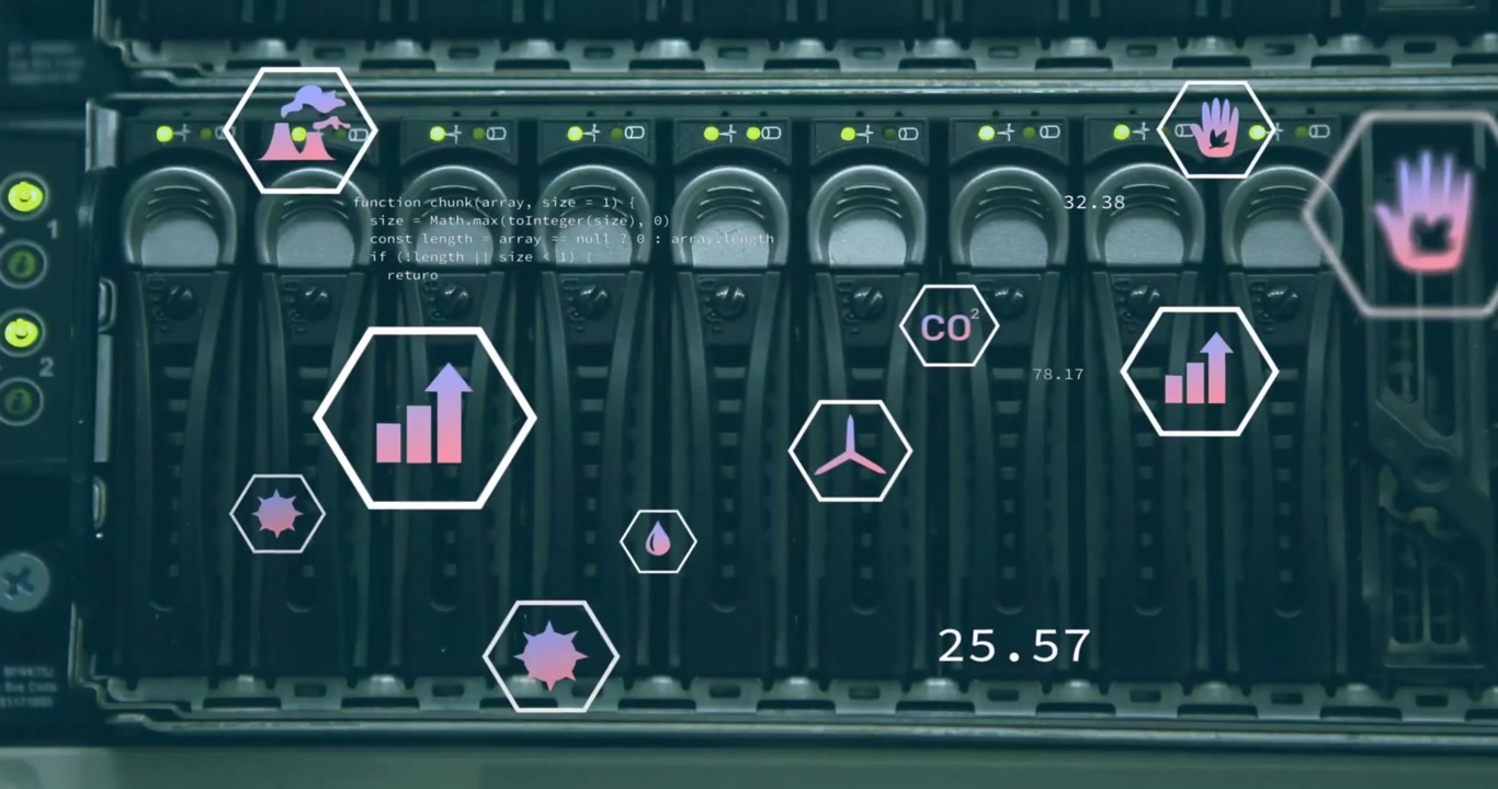 Animation of hexagons with ecological symbols over server computer