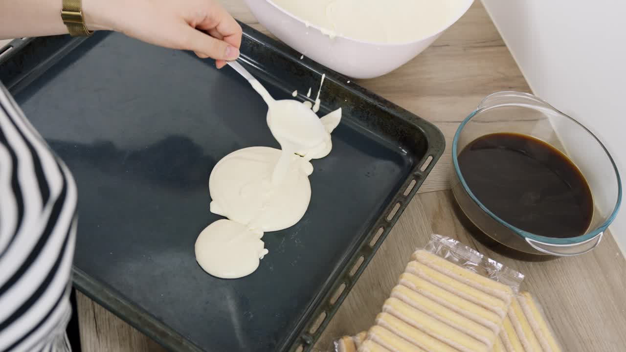 Home baking scene, a person preparing a delicious and creamy tiramisu dessert