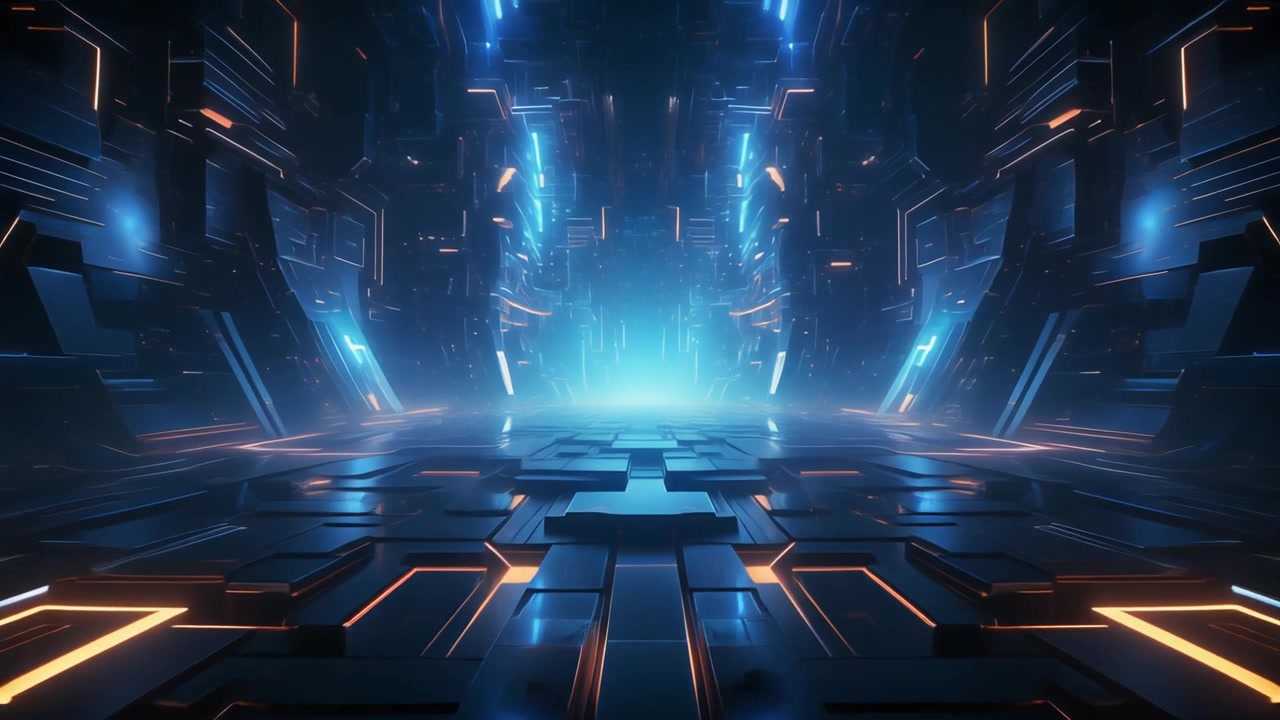 Futuristic Sci-Fi Corridor with Glowing Blue and Orange Lights