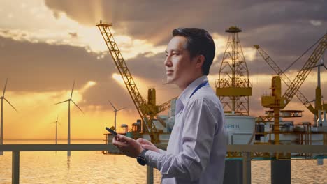 side view of an asian male professional worker standing with offshore hydrogen production, high-tech industrial facility, observes by looking up then he come to concentrating on the phone and keep on checking