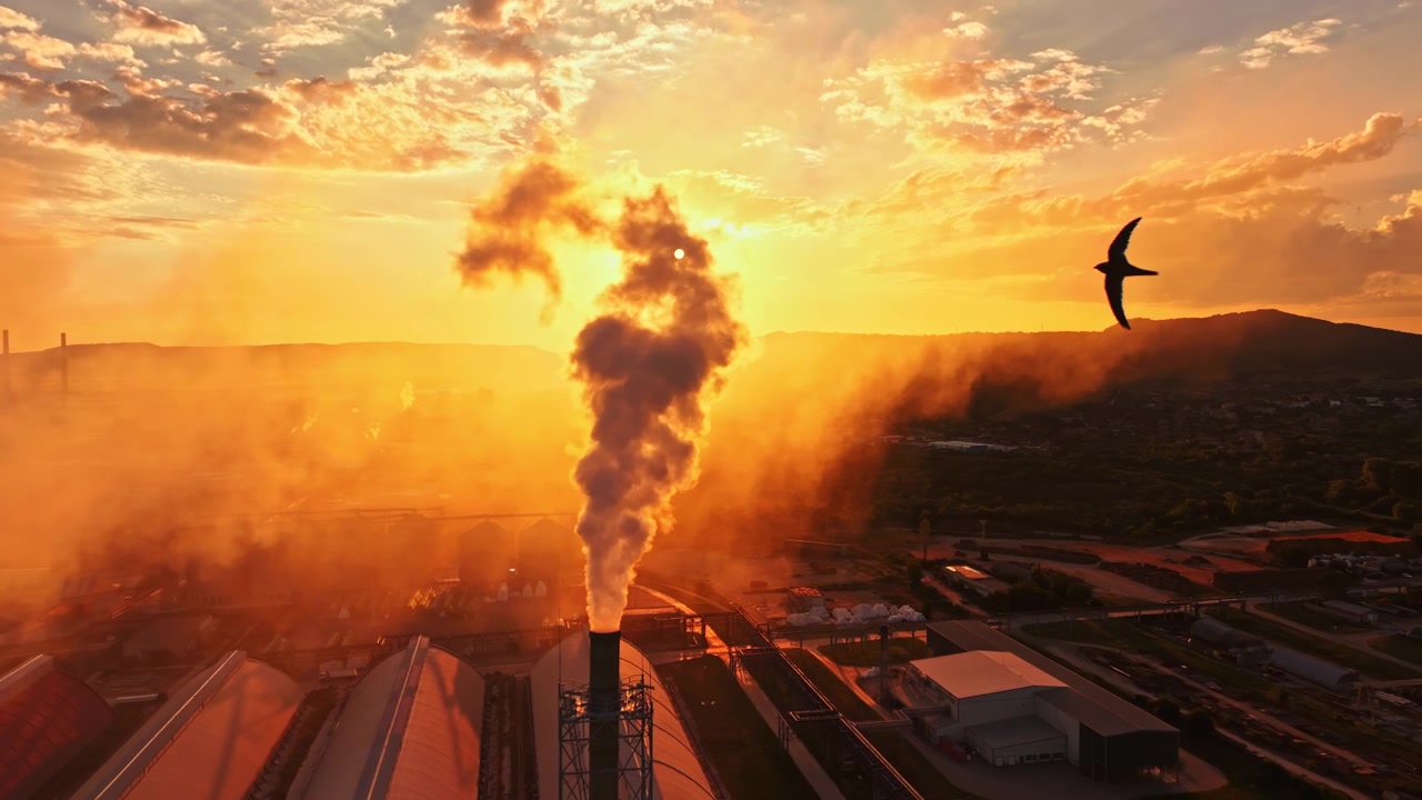 Il fumo sale dalle fabbriche mentre il sole tramonta su un'area manifatturiera in una città circondata da montagne durante le ore serali.