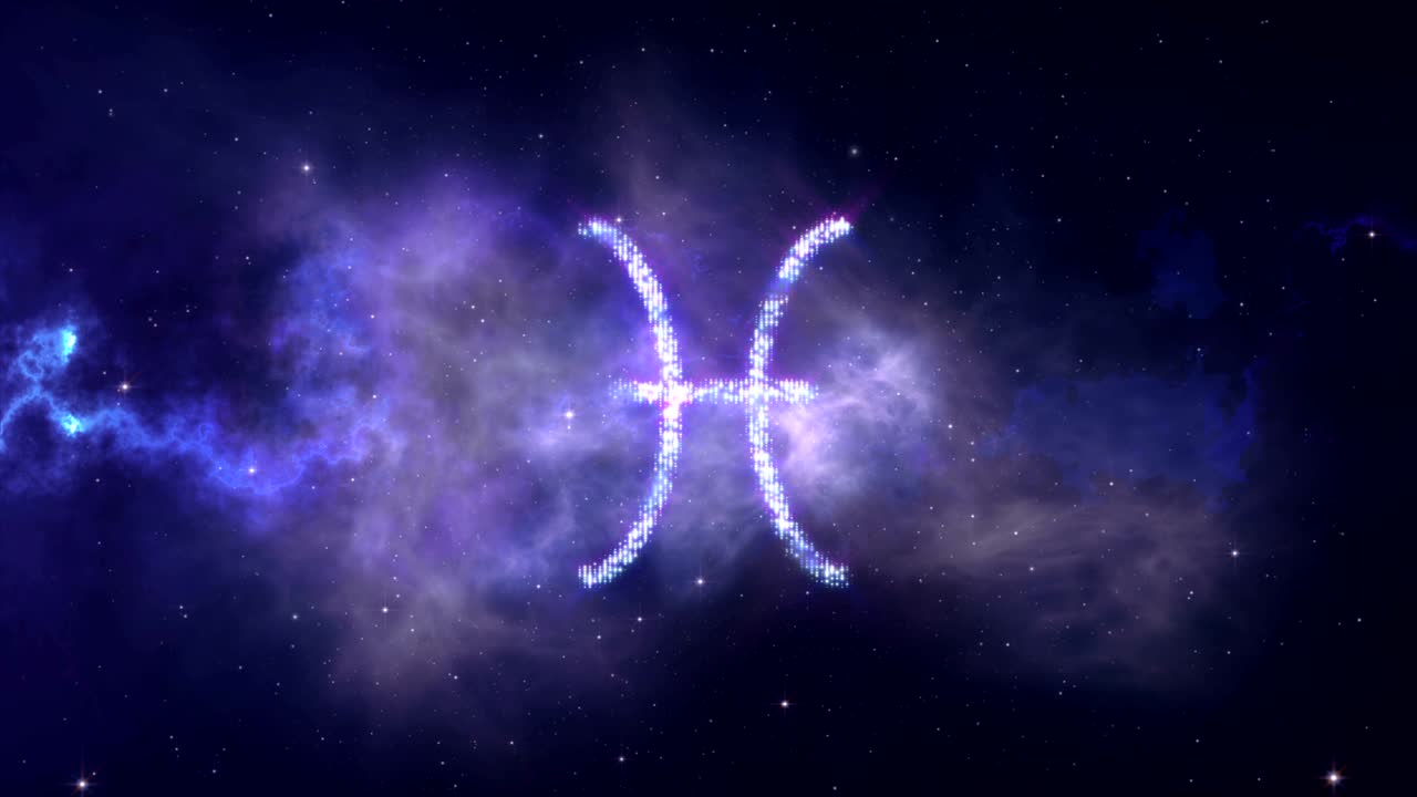 조디악 기호 피시 (pisces) 는 우주 배경으로 별에서 형성됩니다.