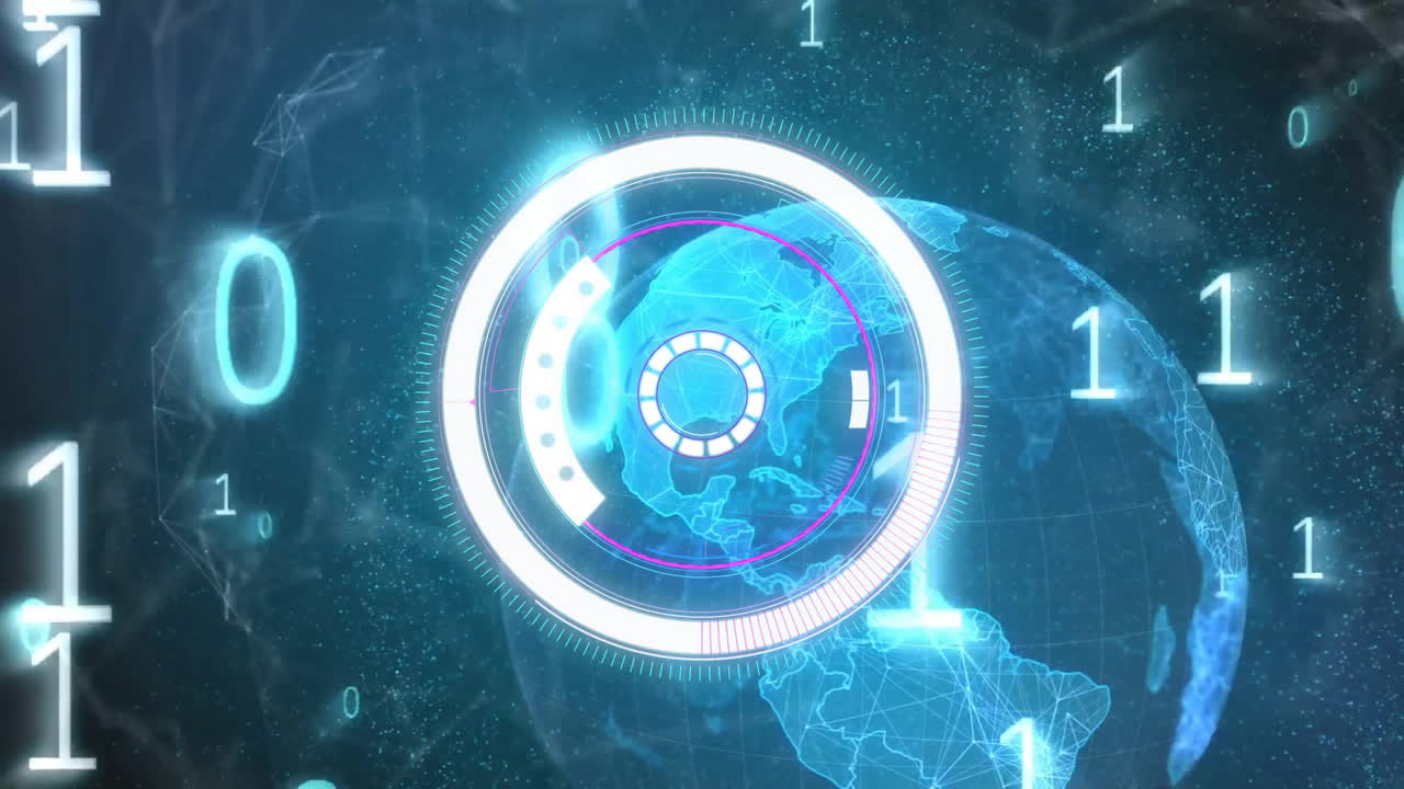 Animation of scope scanning over nbinary coding and globe on dark background