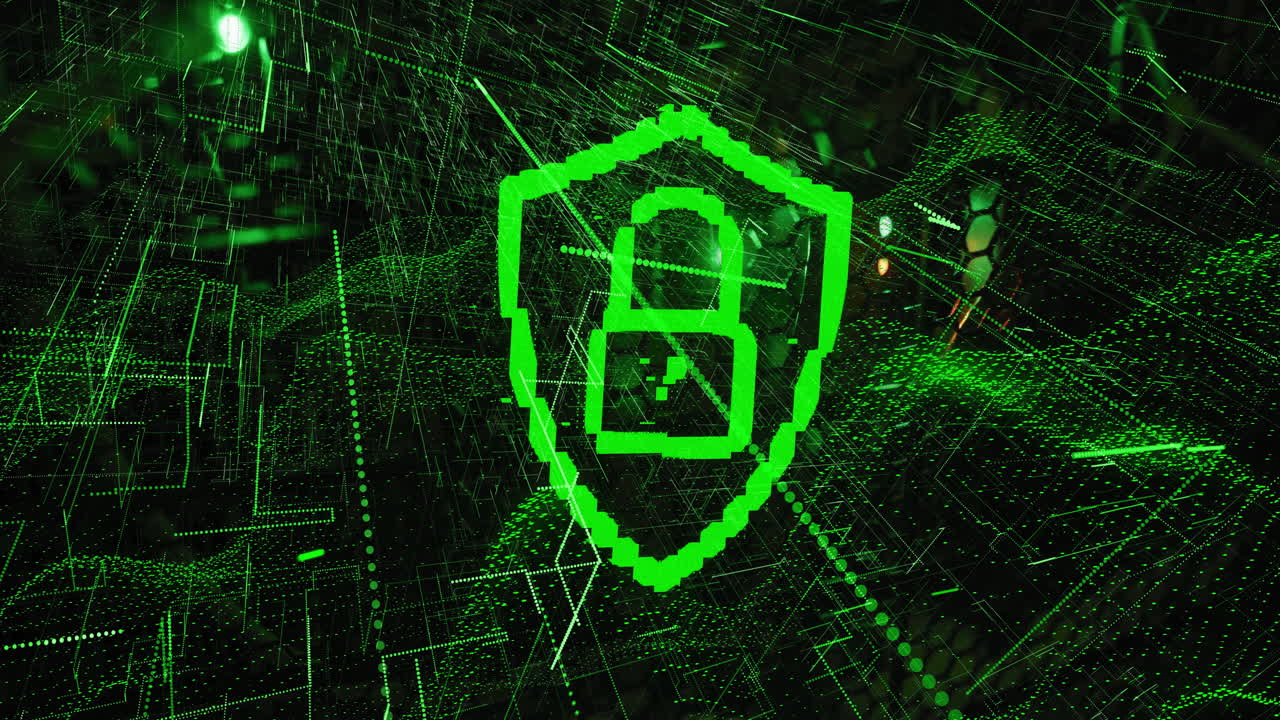 cerradura y escudo que simboliza la ciberseguridad sobre animación de red digital verde