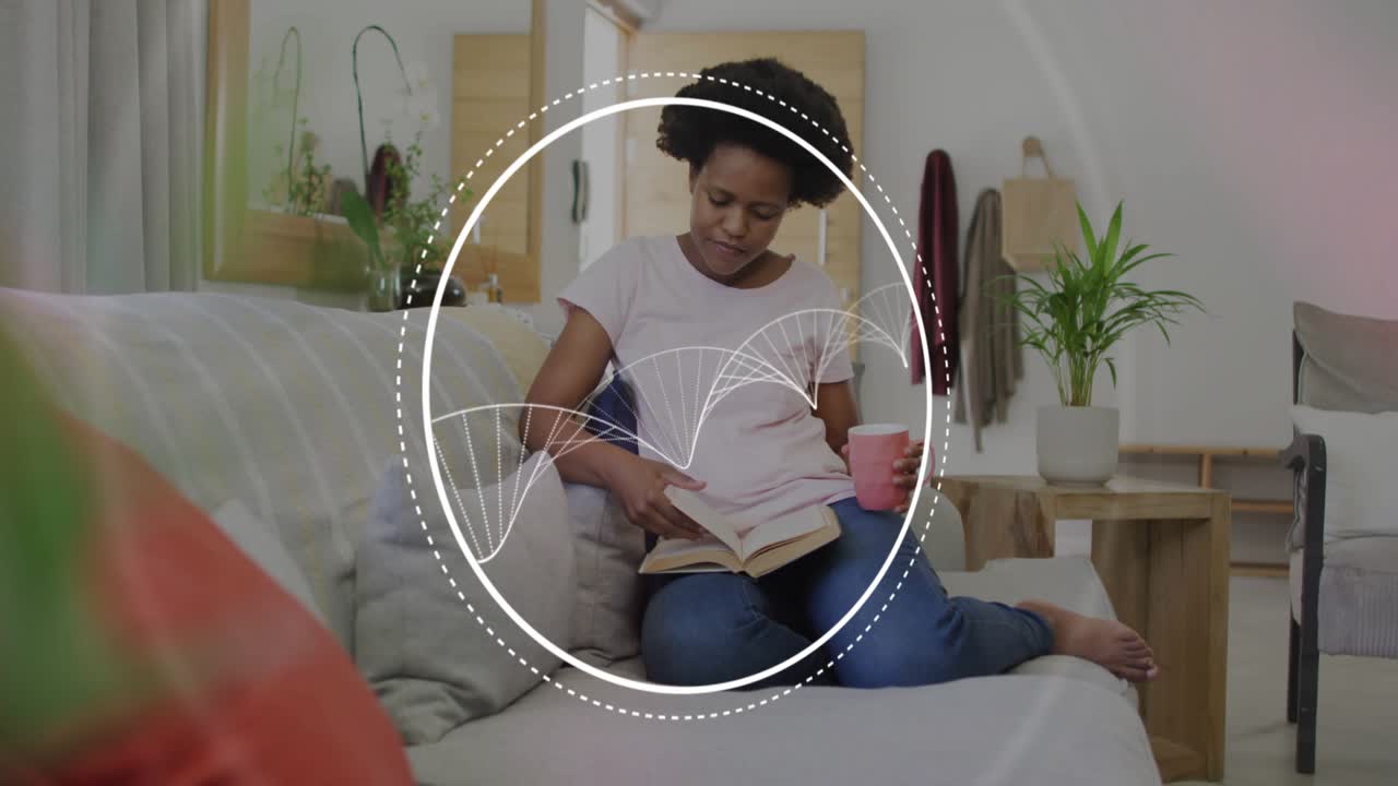 Woman glancing at book flipping pages on sofa, showing wellness with white wave graphics around her