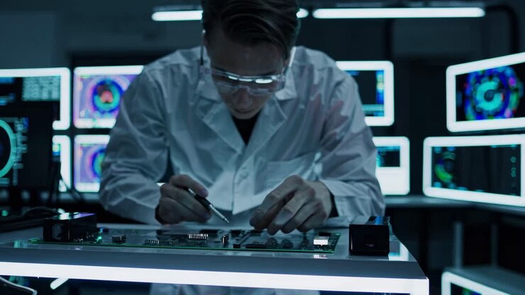 A scientist in a lab coat works on a circuit board, surrounded by screens