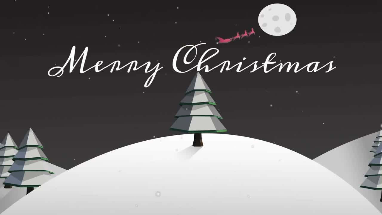 Animation of merry christmas text over fir trees and winter landscape