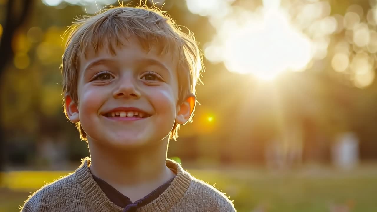 Um vídeo captura uma criança alegre sorrindo em um parque, com uma foto tirada de um ângulo baixo