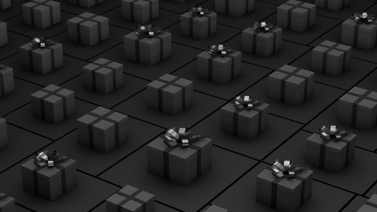 Animazione 3D. Scatole regalo nere legate con nastro e senza. Si muovono casualmente, salendo e scendendo, in loop continuo. Primo piano