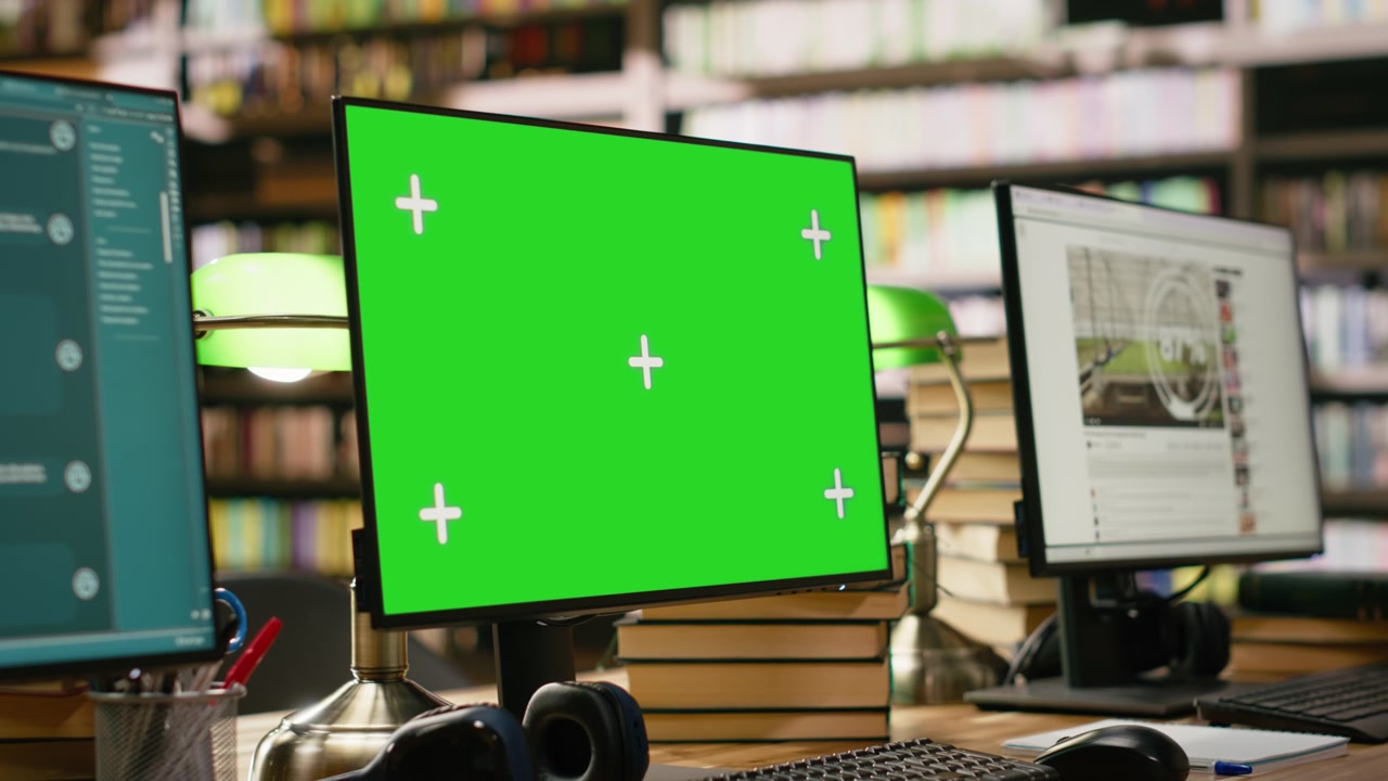 Green screen desktop monitor mockup with tracking markers